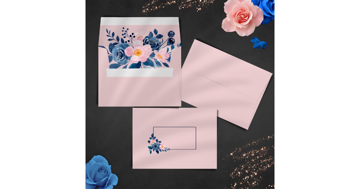 Modern Pink & Navy Blue Watercolor Floral Wedding Envelope | Zazzle