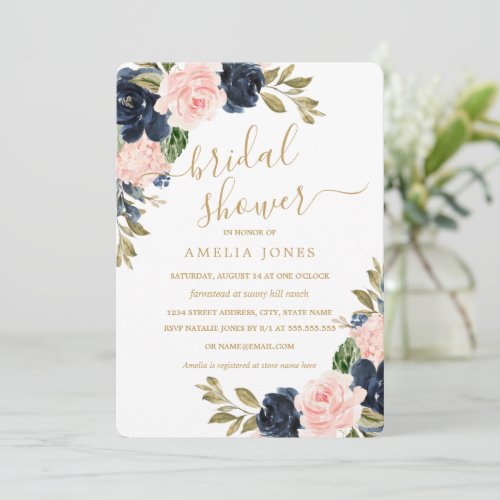 Modern Pink Navy Floral Bridal Shower Invitation