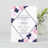 Modern Pink Navy Watercolor Flowers Graduation Invitation (Standing Front)