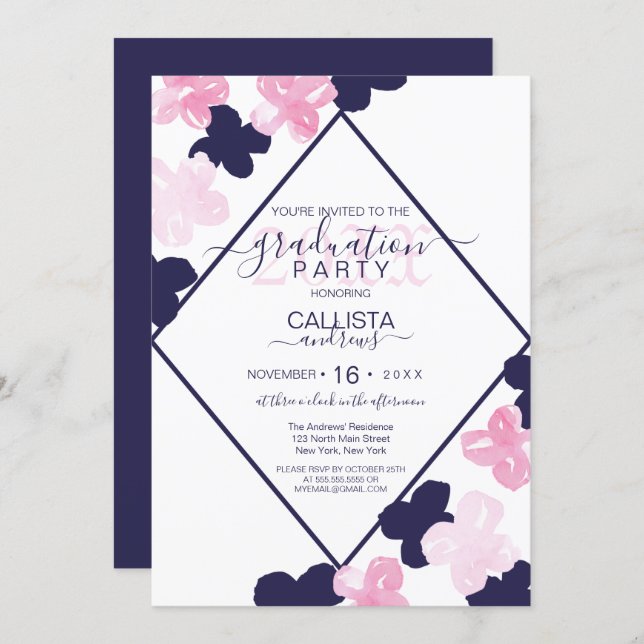Modern Pink Navy Watercolor Flowers Graduation Invitation (Front/Back)