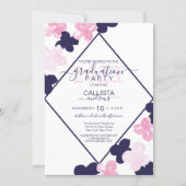 Modern Pink Navy Watercolor Flowers Graduation Invitation (Front)