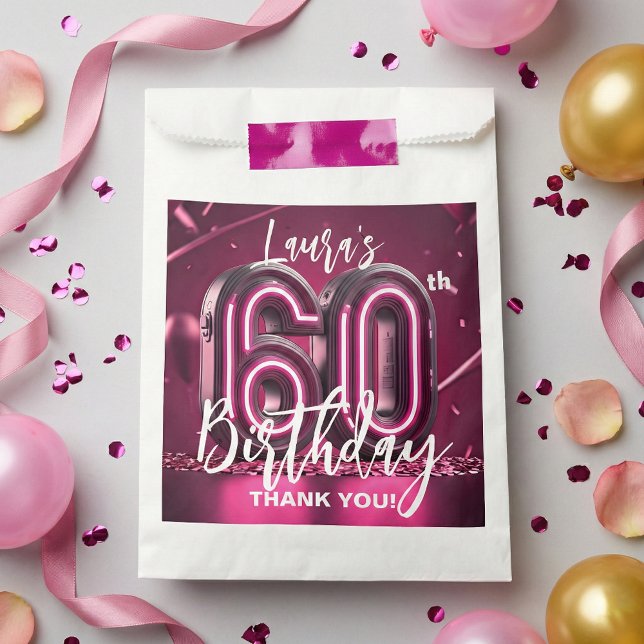 Modern Pink Neon 3D 60th Birthday Party Thank You Favor Bag (Creator Uploaded)