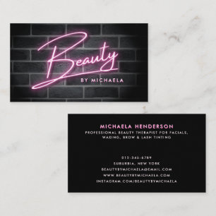 Modern Pink Neon 'Beauty' Sign On Brick Wall Business Card