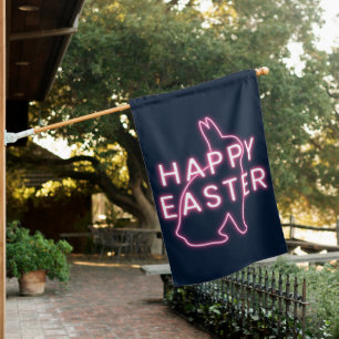 Modern Pink Neon Bunny Happy Easter House Flag