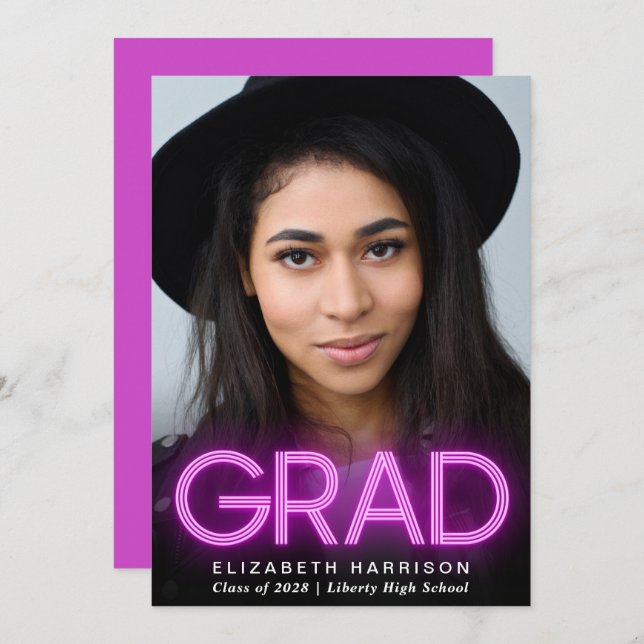 Modern Pink Neon Graduation Announcement (Front/Back)