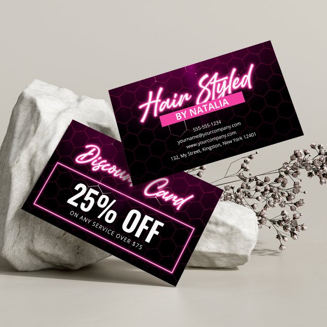 Modern Pink Neon Hair Stylist Promotion Discount Card (Creator Uploaded)