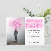 Modern Pink Neon Lights 18th Birthday Party Photo Invitation (Standing Front)