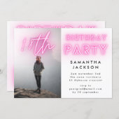 Modern Pink Neon Lights 18th Birthday Party Photo Invitation (Front/Back)