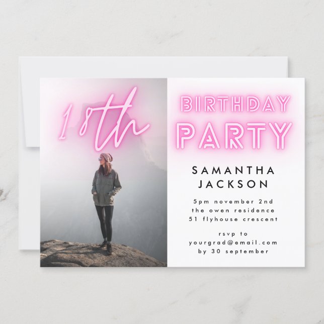 Modern Pink Neon Lights 18th Birthday Party Photo Invitation (Front)