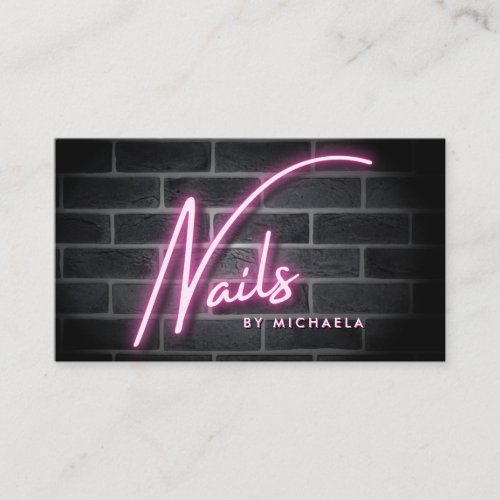 Modern Pink Neon Nails Sign On Brick Wall Business Card