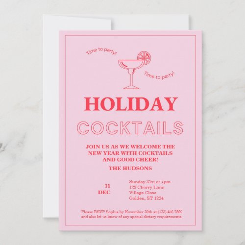 Modern Pink New Years Eve Cocktail Party Holiday Card