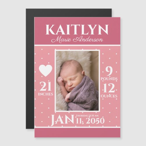 Modern Pink Newborn Stats Baby Birth Announcement 