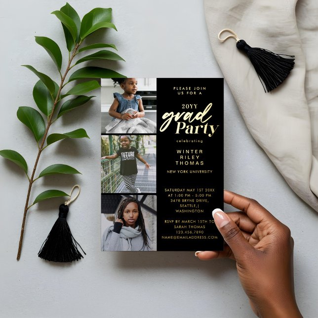 Modern Pink Now & Then 3 Photo Graduation Party Foil Invitation (Modern Pink Now & Then 3 Photo Graduation Party Foil Invitation)