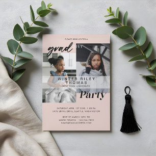 Modern Pink Now & Then Two Photo Graduation Party Invitation