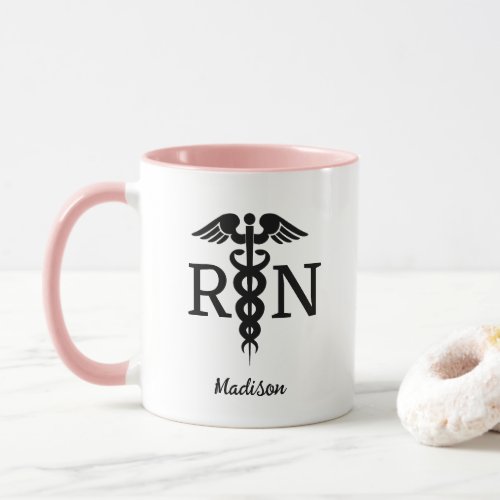 Modern Pink Nurse RN Caduceus Personalized Mug