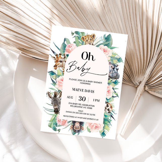 Modern Pink Oh Baby Arched Safari Baby Shower Invitation (Girls Oh Baby Safari baby Shower Invitation Pink Floral Pink Arch Safari Animals Baby Shower Modern)