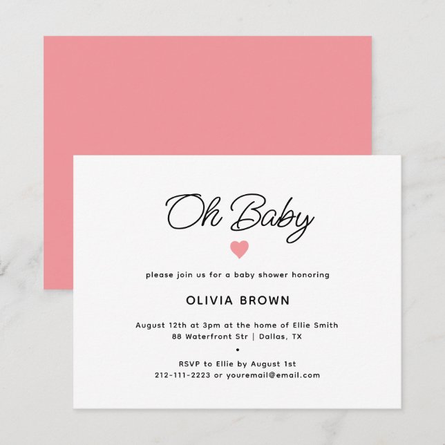 Modern Pink Oh Baby Shower Invitation (Front/Back)