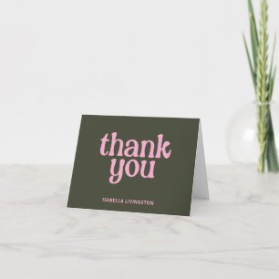 Modern Pink Olive Green Groovy Retro Bridal Shower Letterpress Thank You Card