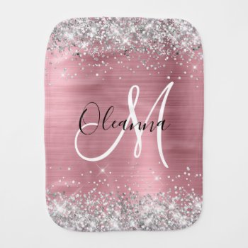 Modern Pink Ombre Foil Silver Glitter Monogram Bab Baby Burp Cloth by pinkgifts4you at Zazzle