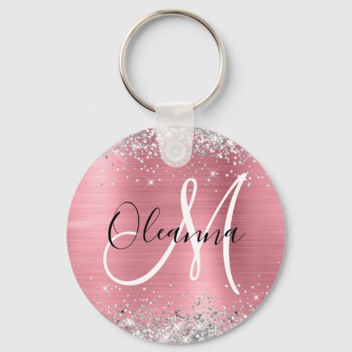 Modern Pink Ombre Foil Silver Glitter Monogram Keychain