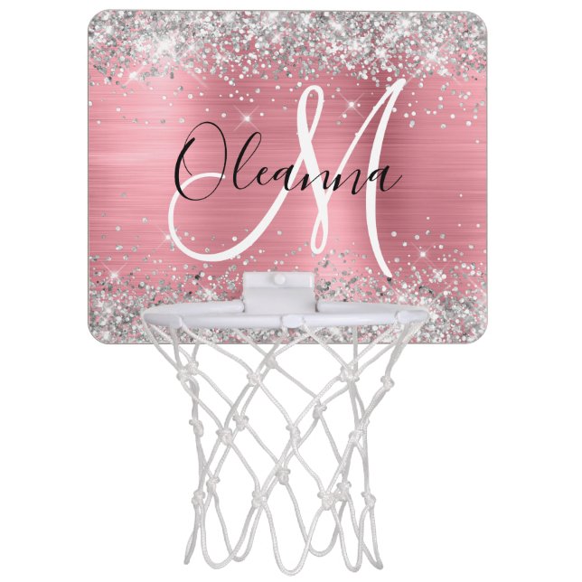 Modern Pink Ombre Foil Silver Glitter Monogram Mini Basketball Hoop (Front)