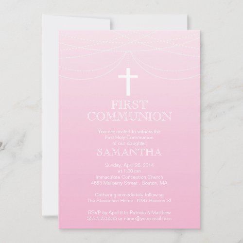 Modern Pink Ombre Garland Cross Communion Card
