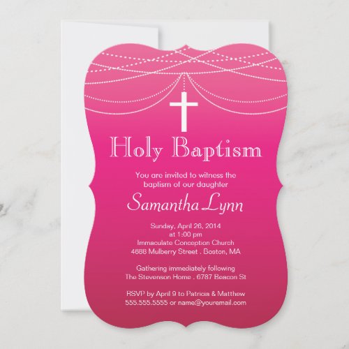 Modern Pink Ombre Garland Cross Holy Baptism Custom Invitations
