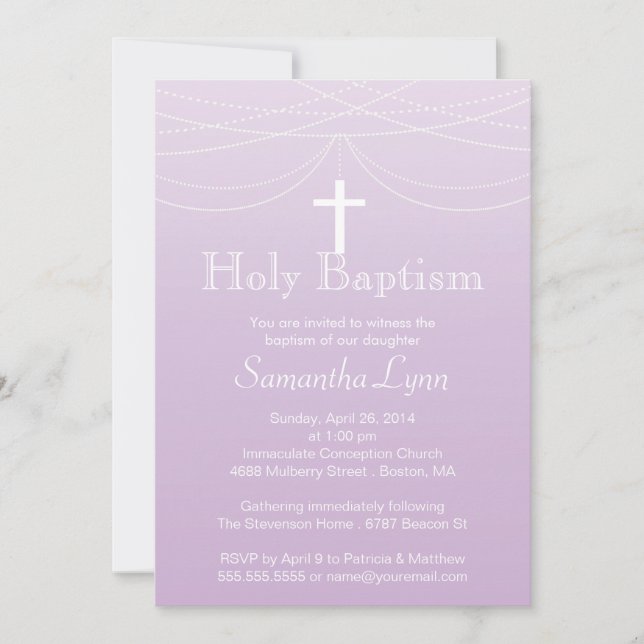 Modern Pink Ombre Garland Cross Holy Baptism Invitation (Front)