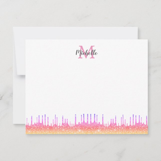Modern Pink Ombre Glitter Drips Script Monogrammed Note Card (Front)