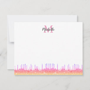Modern Pink Ombre Glitter Drips Script Monogrammed Note Card