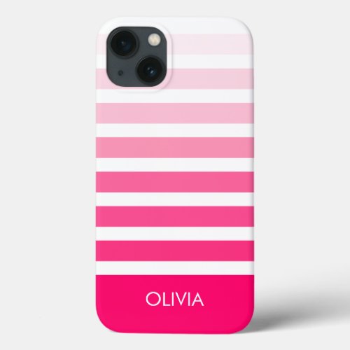 Modern Pink Ombre Striped Personalized Name iPhone 13 Case