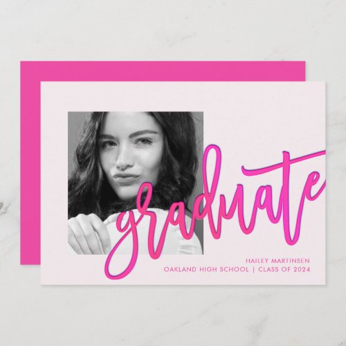 Modern Pink Ombre Typography Photo Grad Party Invitation