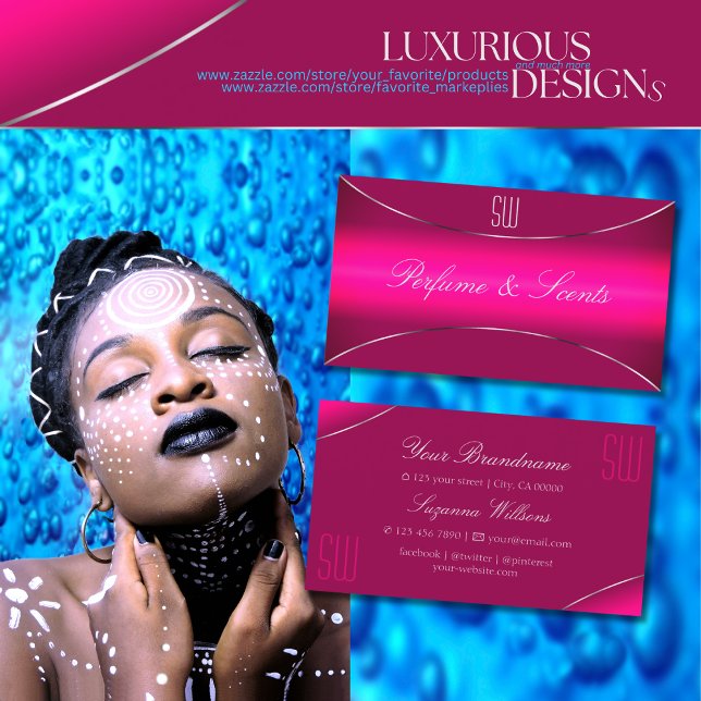 Modern Pink Ombre with Silver Border and Monogram Business Card (Creator Uploaded)