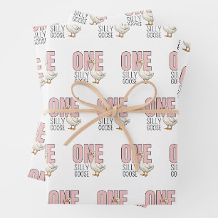 Modern Pink One Silly Goose First Birthday Wrapping Paper Sheets