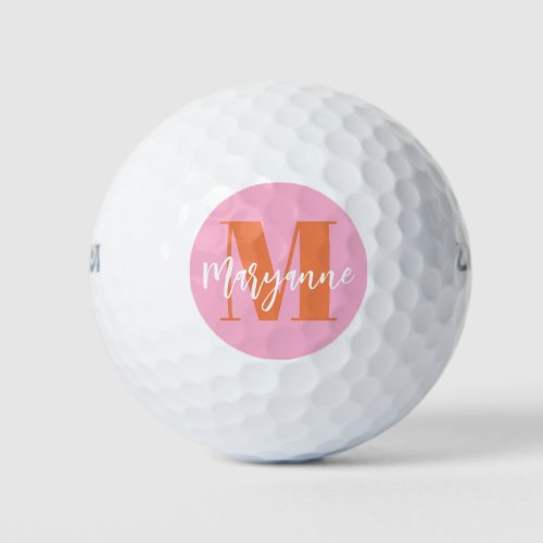 Modern Pink Orange BoId Initial Personalized Golf  Golf Balls