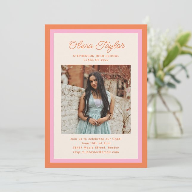 Modern Pink Orange Border Photo Graduation Party Invitation (Standing Front)