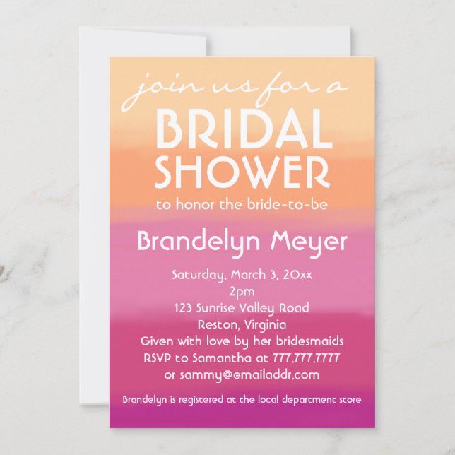 Modern Pink Orange Bridal Shower Invitations (Front)