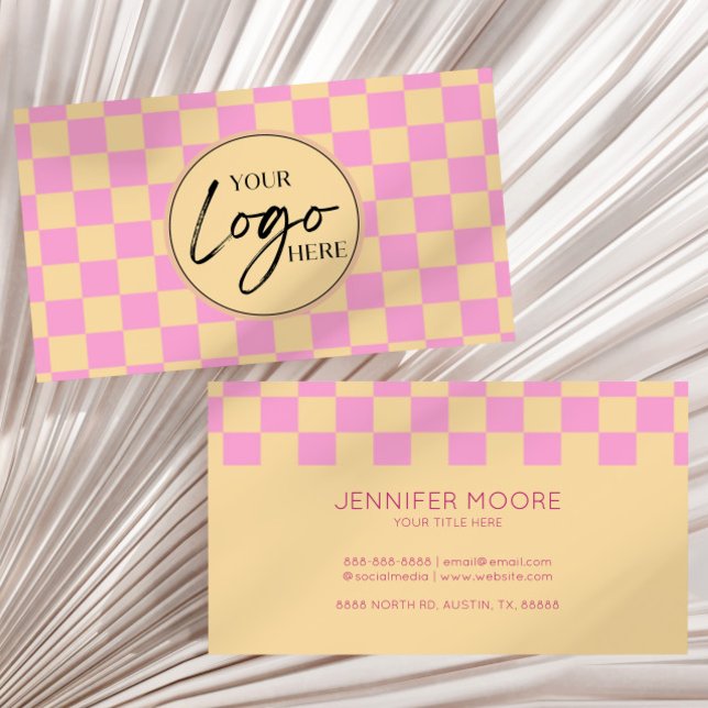 Modern Pink Orange Checkered Custom Company Logo Business Card (Creator Uploaded)