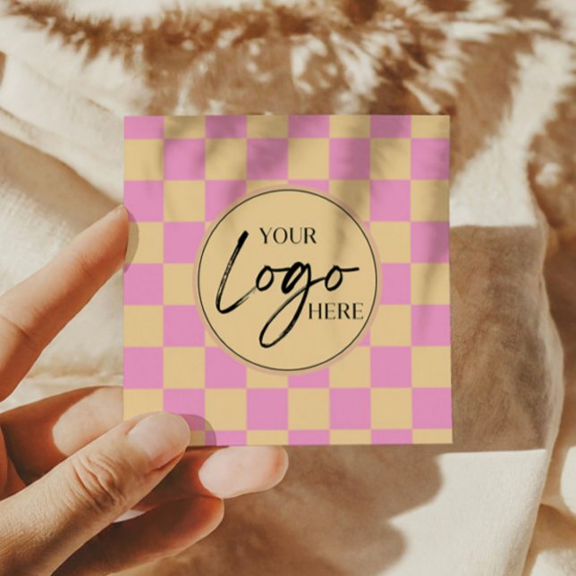 Modern Pink Orange Checkered Custom Company Logo Square Business Card (Creator Uploaded)