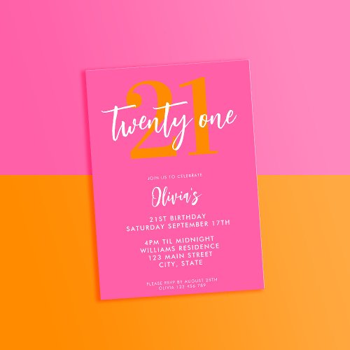 Modern Pink Orange Elegant 21st Birthday Invitation