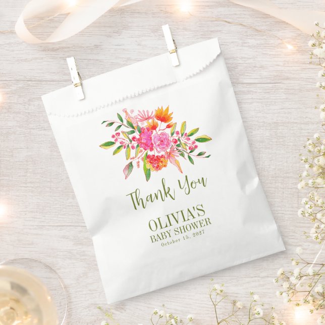 Modern Pink Orange Floral Baby Shower Custom Favor Bag (Clipped)