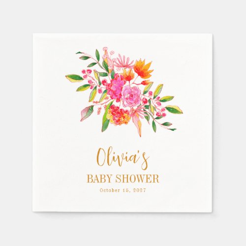 Modern Pink Orange Floral Baby Shower Custom Napkins