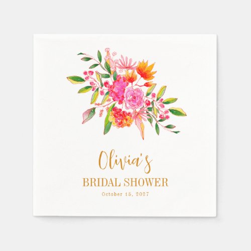 Modern Pink Orange Floral Bridal Shower Custom Napkins
