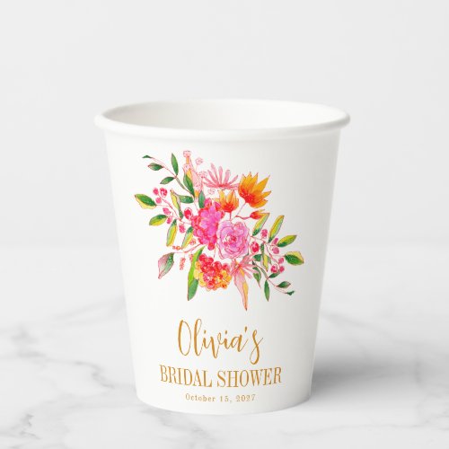 Modern Pink Orange Floral Bridal Shower Custom Paper Cups