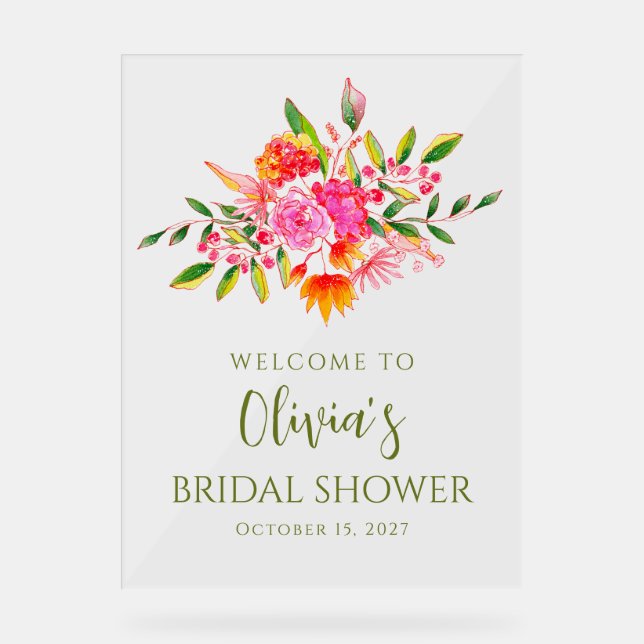 Modern Pink Orange Floral Bridal Shower Welcome Acrylic Sign (Front)