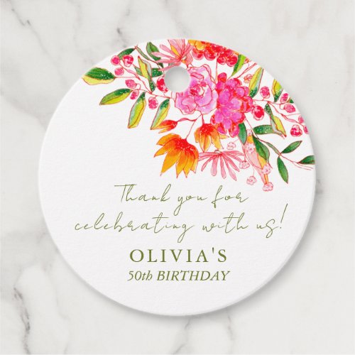 Modern Pink Orange Floral Custom Birthday Thanks Favor Tags