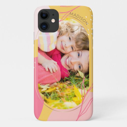 Modern Pink Orange Floral Photo Personalized Name iPhone 11 Case