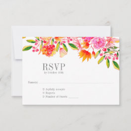 Modern Pink Orange Floral Simple Wedding RSVP Card