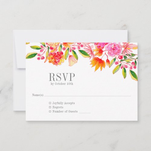 Modern Pink Orange Floral Simple Wedding  RSVP Card