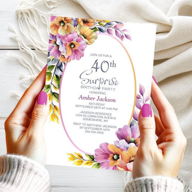 Modern Pink Orange Floral Surprise 40th Birthday Invitation (Creator Uploaded)